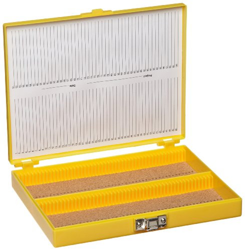 Heathrow Scientific HD15994D Präparatakasten mit Korkeinlage für 100 Objektträger, ABS, 208 mm Länge x 175 mm Breite x 34 mm Höhe, Gelb