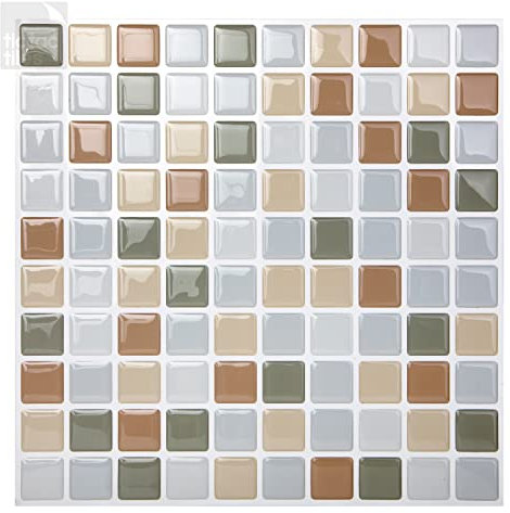 Tic Tac Tiles 25cm x 25cm, 10-Sheets Peel and Stick Self Adhesive 3D Wall Mosaic Tile Stickers for Kitchen Splashback and Bathroom - Mosaic Beige Grey
