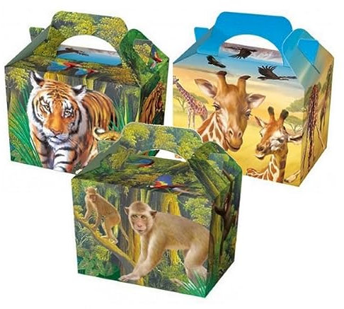 Diamante Crafts 10 Party Boxes -Themed Character Cardboard Lunch Food Loot Treat Box - 20 Designs (Wild Animal - 10 Boxes)