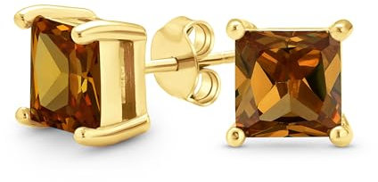 Braune Cognac Quadrat Zirkonia Brillant Prinzessschliff AAA CZ Ohrstecker Vergoldetes Sterlingsilber 7MM