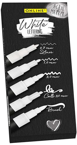 Online parure de 5 marquers acryliques blancs, stylos pour papier noir, boir, verre, plastique etc., feutres handlettering, 5 pointes différentes: pinceau, calligraphie, marquer fin et large