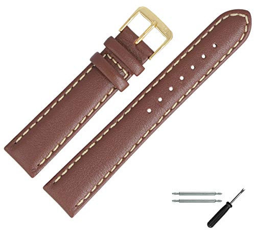 MARBURGER Uhrenarmband 20mm Leder Braun Gold Glatt Mit Naht - Montage Set 8062032000220