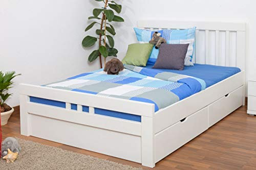 Jugendbett Easy Premium Line K8 inkl. 2 Schubladen und 1 Abdeckblende, 140 x 200 cm Buche Vollholz massiv weiß lackiert