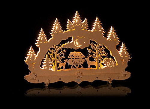 Schwibbogen klein innenbeleuchtet, Futterkrippe Waldmotiv Lichterbogen Weihnachtsdekoration Erzgebirge