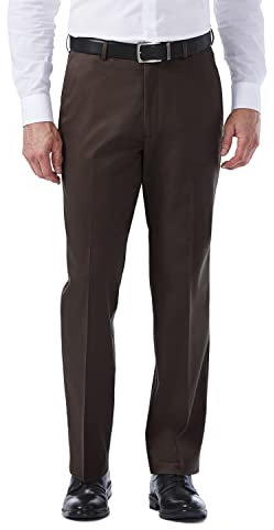 Haggar Men's Classic Fit Flat-Front Hidden Expandable Waistband Premium No Iron Khaki, 44W x 32L - Chocolate