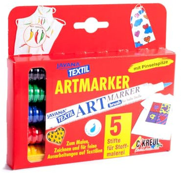 KREUL 90625 - Javana Textil Artmarker, 5 Stifte in gelb, rot, blau, grün und schwarz, mit universell einsetzbarer Pinselspitze ca. 1 - 3 mm, brillante Stoffmalstifte für helle Stoffe