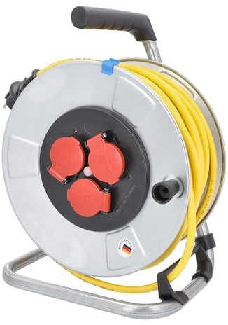 as - Schwabe Kabeltrommel 33 m K35 AT-N07V3V3-F 3G2,5, IP44 Außenbereich | 3 Schutzkontaktsteckdosen, Thermoschutzschalter, Stahlblech, Made in Germany
