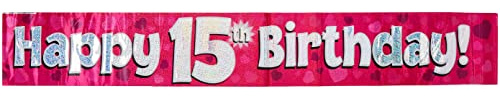 9ft Banner Happy 15th Birthday Pink Holographic