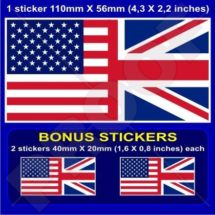 USA United States of America & British Union Jack Flag, US & UK 4,3 (110mm) Vinyl Bumper Sticker, Decal x1 +2 Bonus