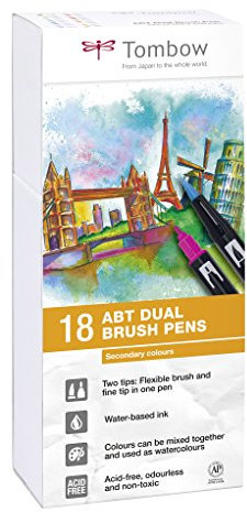 Tombow ABT-18P-2 Fasermaler Dual Brush Stift mit zwei Spitzen, 18er Set, Sekundärfarben