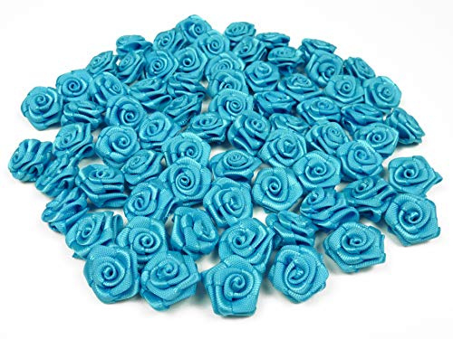 Rosen 15 mm x 100 Stück Satinrosen Aufnäher Deko Blumen Röschen zum Basteln Haarschmuck kleine Rosenköpfe Farbe: türkis 340