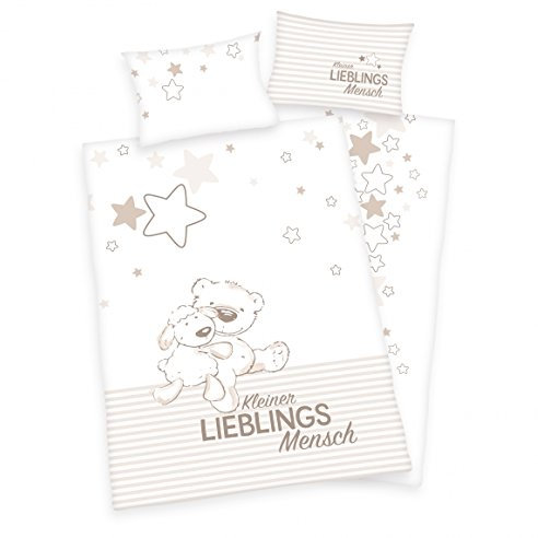 Arle-Living 3 TLG. Baby Bettwäsche Wende Motiv: Kleiner Lieblingsmensch - Renforcé 100x135 cm + 40x60 cm + 1 Spannbettlaken 70x140 cm (mit Laken: weiß, Renforcé)
