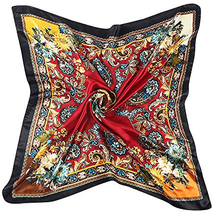 Bluelans® Damenschal Faux Seidenschal Seidentuch Blume Bandana Halstuch Kopftuch Schal 90 x 90 cm Bunte (Rot/Schwarz)