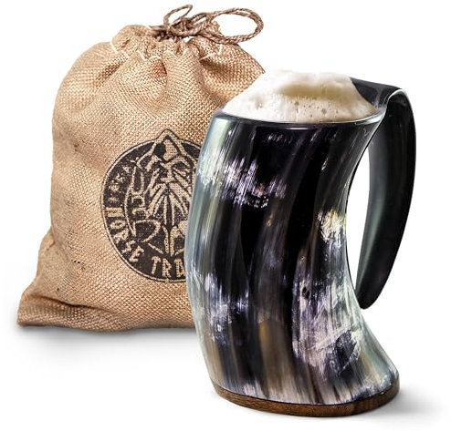Norse Tradesman Original XL Viking Drinking Horn Mug - 100% Authentic Beer Horn Tankard with Hardwood Base & Burlap Gift Sack | The Original, Polished, Approx. 900mls