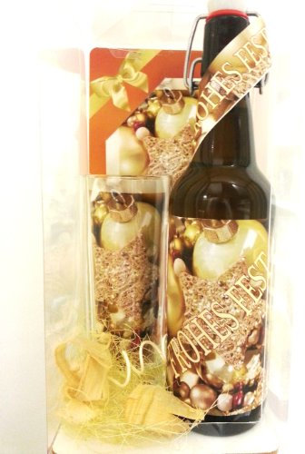 SünGross Weihnachts Geschenk Set, Bierset Weihnachten, Bier Geschenk Frohes Fest Bierflasche mit Etikett, Glas Bierkrug und Geschenk Postkarte