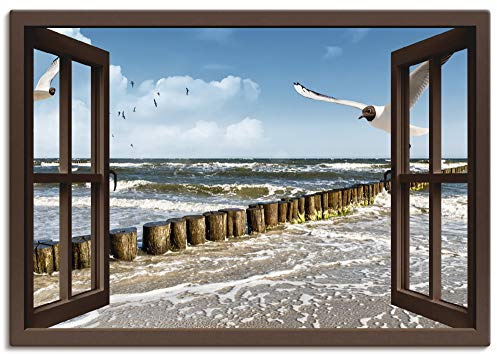 ARTLAND Wanddeko Leinwand Bilder Wandbild 100x70 cm Fensterblick Fenster Ostsee Möwen Strand Meer Küste Maritim T5QS