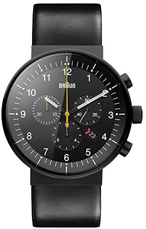 Braun Mens Prestige Chronograph with Date Analogue Quartz Watch, Black Dial and Leather Strap, 43mm Black Stainless Steel Case, Model BN0095BKG.