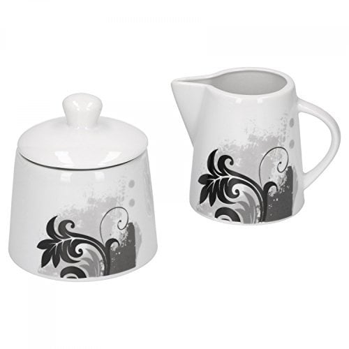 Van Well 2-TLG. Geschirr-Set Black Flower | Zuckerdose + Milchkännchen | Zuckerspender mit Deckel + Milch-Gießer | modern | edles Hotel-Porzellan