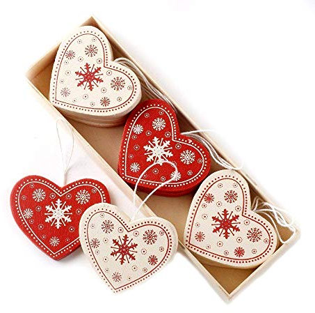 Box of 12 Traditional Vintage Style Red/Cream Wooden Heart Shapes Christmas Tree Decorations