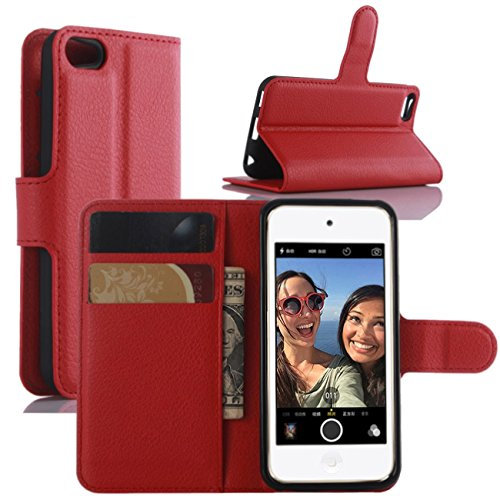 HualuBro iPod Touch 5/6 / 5G / 6G Hülle, Premium PU Leder Leather Wallet HandyHülle Tasche Schutzhülle Flip Case Cover mit Karten Slot für Apple iPod Touch 5/6 Generation (Rot)