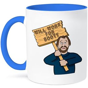 3dRose Lustiger humorvoller Mann mit einem Schild Wird für Booty funktionieren Zweifarbige Tasse, Keramik, blau/weiß, 11 oz