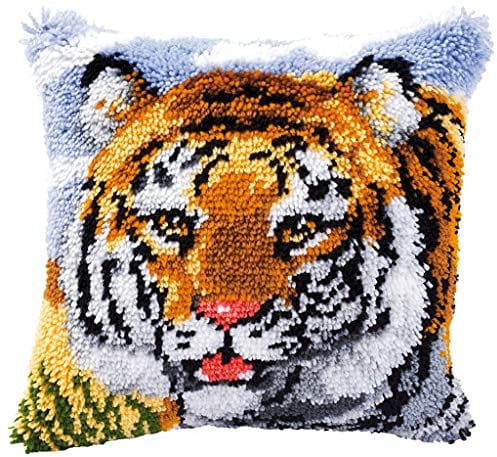 Vervaco Knüpfkissen Set Deko Kissenbezug Knüpfset für Anfänger TIGER Basteln Erwachsene Kreativ DIY Handarbeit Set Kissen zum Selber Knüpfe ca. 40 x 40 cm Latch Hook Kit Knüpfhaken Set Kissen