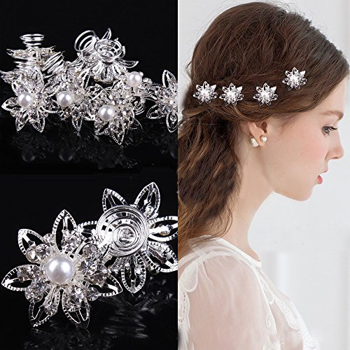 Miya® 4er Set wunderschöne Sterne Blumen Haarspiralen Haarnadeln aus Kristallien, Perle, Strass, Braut Hochzeit Jugendweihe Perle Strass Haarschmuck Haarspiralen