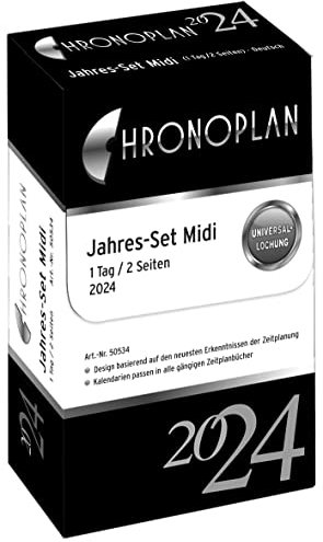 Chronoplan 50534 Kalendereinlage 2024 (Jahres-Set Midi (96x172mm), Ersatzkalendarium für Terminplaner, Tagesplaner, ideal für detaillierte Tagesplanung, 1 Tag auf 2 Seiten, mit Universallochung) weiß