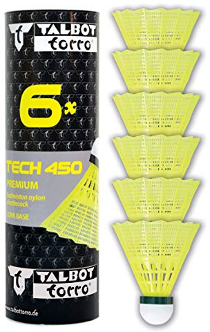 Talbot Torro Badminton Ball Tech 450, 6er Dose, Farbe: Gelb, Geschwindigkeit:Grün/Langsam,Premium-Nylonfederball, Federball Shuttle, Nylonshuttles, für Indoor & Outdoor Federball & Badminton