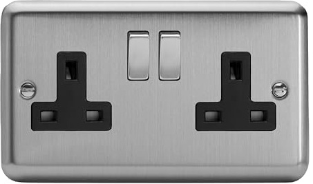 Varilight Double Switched Plug Socket - Value Matt Chrome With Brushed Steel/Black Insert, XS5DB