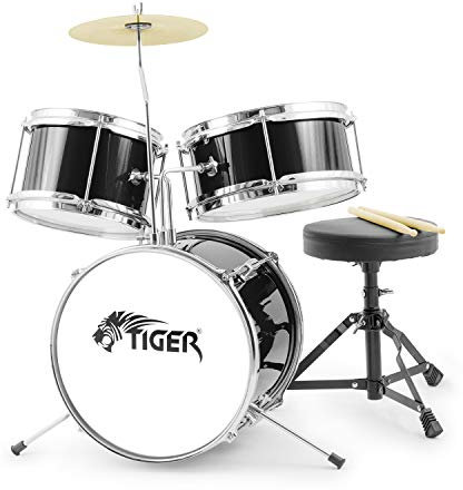TIGER JDS7-BK Batteria per ragazzi 3 pezzi, con rullante, tom, basso, pedale, piatti e bacchette - colore nero