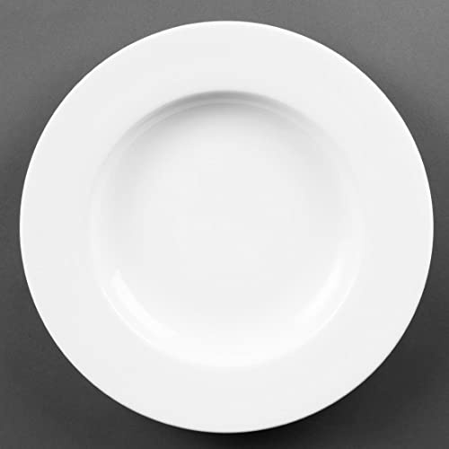 Olympia Whiteware Pasta Plates Porcelain 310mm, White, Pack of 4 | Oven, microwave, freezer and dishwasher safe; stackable design with strengthened rolled edges and chip warranty.