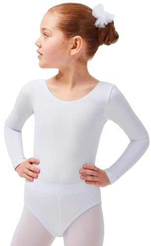 tanzmuster ® Ballettanzug Mädchen Langarm - Lilly - aus Baumwolle, Ballettbody Kinder Ballett Trikot in weiß, Größe 116/122