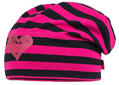 MaxiMo KIDS-Beanie middle, Ringeljersey mit Deko, Reflexmotiv, dunkelpink-schwarz, Gr. 51