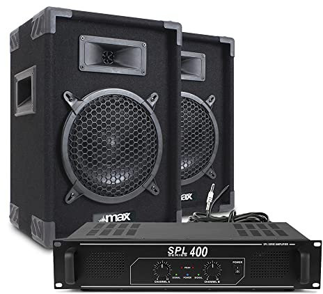 MAX 8 Passive DJ Speakers Pair with SPL400 Amplifier - High Power Professional Sound System for DJs, Bands, Parties - Durable, Clear Audio, Easy Setup - Ideal for Indoor & Outdoor Events