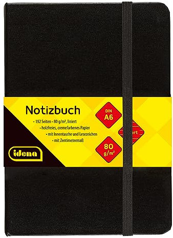 Idena 209285 - Notizbuch DIN A6, liniert, Papier cremefarben, 192 Seiten, 80 g/m², Hardcover in Schwarz