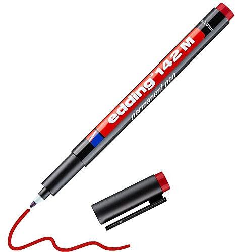 edding 142 M feutre permanent - rouge - 1 stylo - pointe ronde 1 mm - stylo pour écrire sur du verre, du plastique, des films et surfaces lisses - à séchage rapide, résistant aux taches et étanche