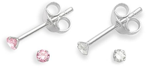 Set Of 2 Pairs Sterling Silver Cubic Zirconia Stud Earrings for Women | Light Pink & Clear Cubic Zirconia Earrings | Size TEENY WEENY 2mm | Gift Boxed 5549PKSET