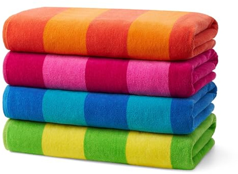 Kaufman - Soft Oversized Beach Towels in Bulk | 29 x 58 Velour Striped Towel | Absorbent, Quick-Drying | 100% Cotton Thick Towels (4 Pack)