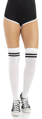 Leg Avenue Women's Two Striped Ribbed Athletic Thigh Highs, O/S, White/Black