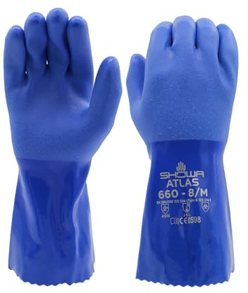 SHOWA Atlas 660 Triple-Dipped PVC Chemical Resistant Gloves, Heavy-Duty Gloves, Rough Finish Grip, Seamless Cotton Liner, 12 Length, Blue, X-Large, 12-Pack