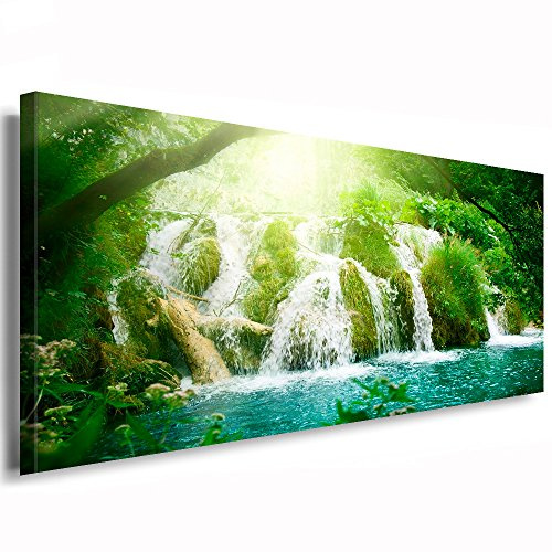 Julia-Art Leinwandbilder - Wasserfall Wald Grün Panorama - 60 mal 30 cm Leinwand auf Rahmen - sofort aufhängbar Wandbild XXL - Kunstdrucke QN145-1