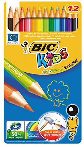 BIC Kids ECOlutions Evolution Buntstifte Set für Kinder ab 5 Jahre – Farbstifte ohne Holz, mit bruchsicherer Mine - sicher Schreiben – 12 Stifte in Metallbox