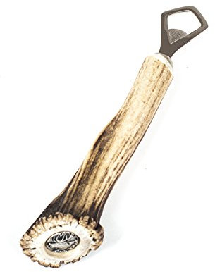 Almbock Flaschenöffner Hirschemblem - handgefertigter Bieröffner, für bayrische Volksfeste, Hirschhorn-Griff mit versilberter Münze mit Hirsch-Motiv