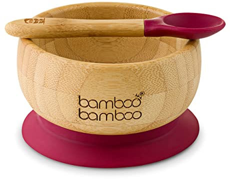bamboo bamboo Baby Bowl and Spoon Set, Baby Bowls for Weaning, Baby Suction Bowl with Silicone Suction Ring, Toddler Bowls with Baby Spoon, Weaning Bowl for Babies from 6 Months (Cherry)