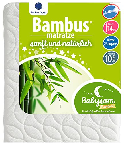Babysom - Babymatratze Bambus | Kindermatratze 70x140cm - Naturfaser - Atmungsaktiv - Bezug abziehbar - Luftdurchlässiger Kaltschaum - Geprüft - Höhe 14cm