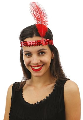 P'tit Clown - 20142 - Bandeau Charleston à Sequins avec Plume - Sequins Headband - Accessoire de Déguisement - Carnaval, Fête à Thème, Nouvel An, St Sylvestre, Paillettes, Soirées Déguisées - Rouge