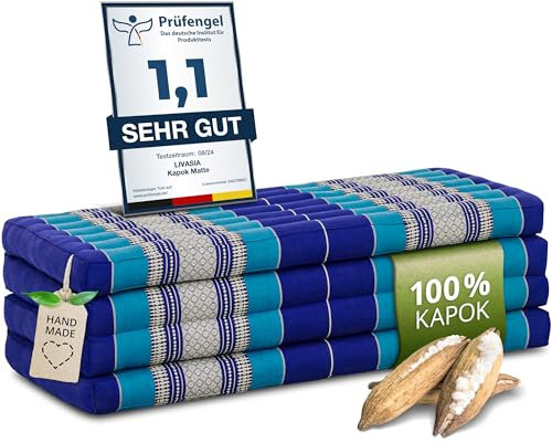 livasia Nachhaltige Klappmatratze aus Kapok - 200x110x8cm - breite Gästematratze, Faltbare Matratze, ökologische Yogamatte, klappbares Gästebett, Liege für Garten und Balkon (Blau)