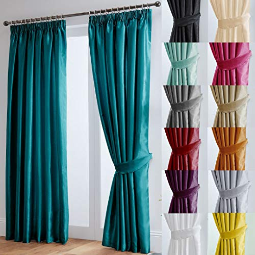John Aird Luxury Faux Silk Fully Lined Pencil Pleat Curtains With Matching Tie Backs (Teal, 117cm Width x 137cm Drop (46x 54)