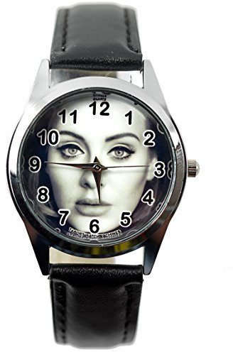 Taport®: runde Quarz-Armbanduhr mit Adele, mit schwarzem Armband aus Echtleder, schwarzweißem Zifferblatt, Ersatzbatterie und Geschenktasche